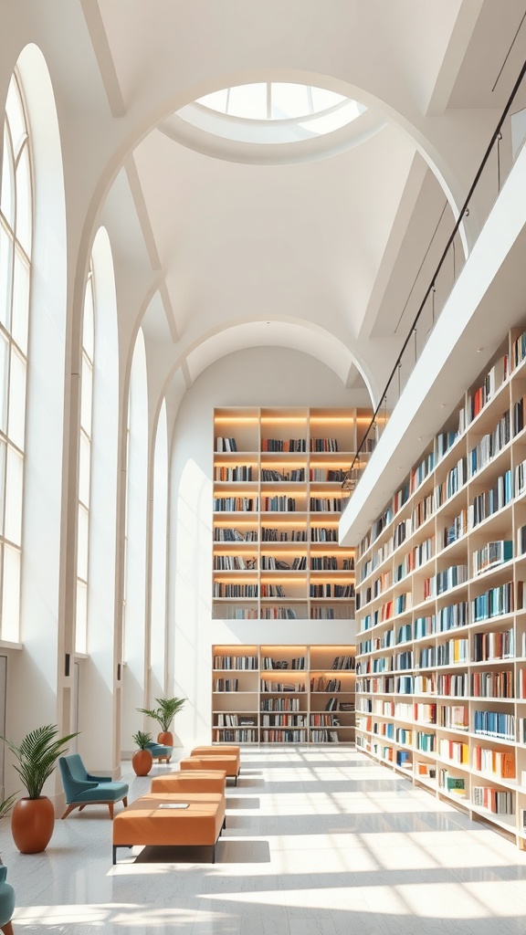 Interior of a bright and modern library with tall arches, wooden bookshelves, and cozy seating areas.