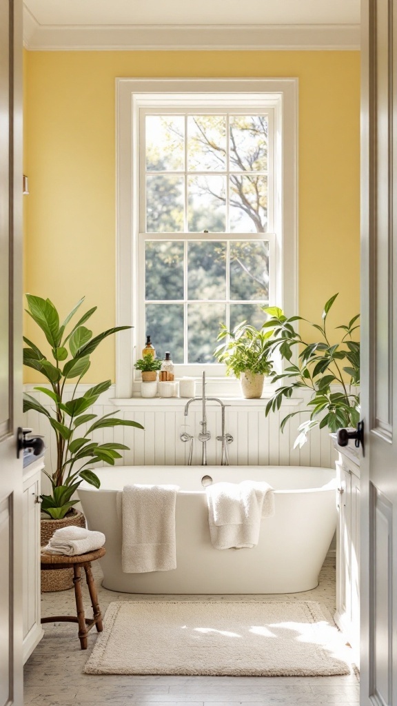 A bright bathroom painted in light yellow with white accents, featuring plants and natural light.