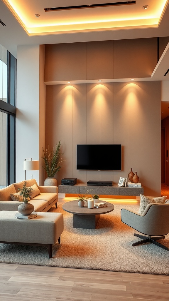 Modern living room with LED accent lighting, neutral furniture, and a warm atmosphere