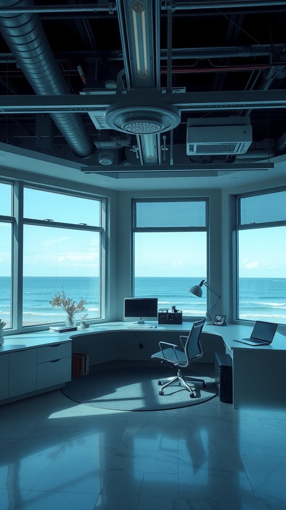 A bright office with large windows showcasing a sea view, featuring a curved desk and a comfortable chair.