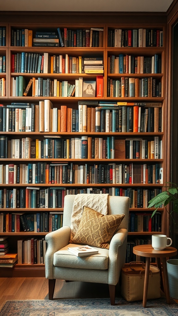 A cozy home library with a wall filled with books, an armchair, and a small table.