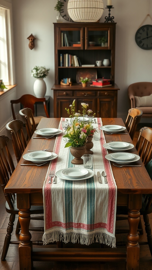 A rustic dining table with a striped table runner, white plates, and a flower arrangement.