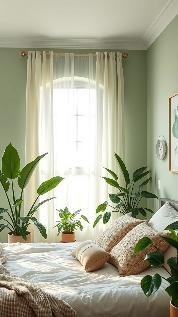 A sage green bedroom featuring a bed with neutral linens and several indoor plants in terracotta pots by the window.