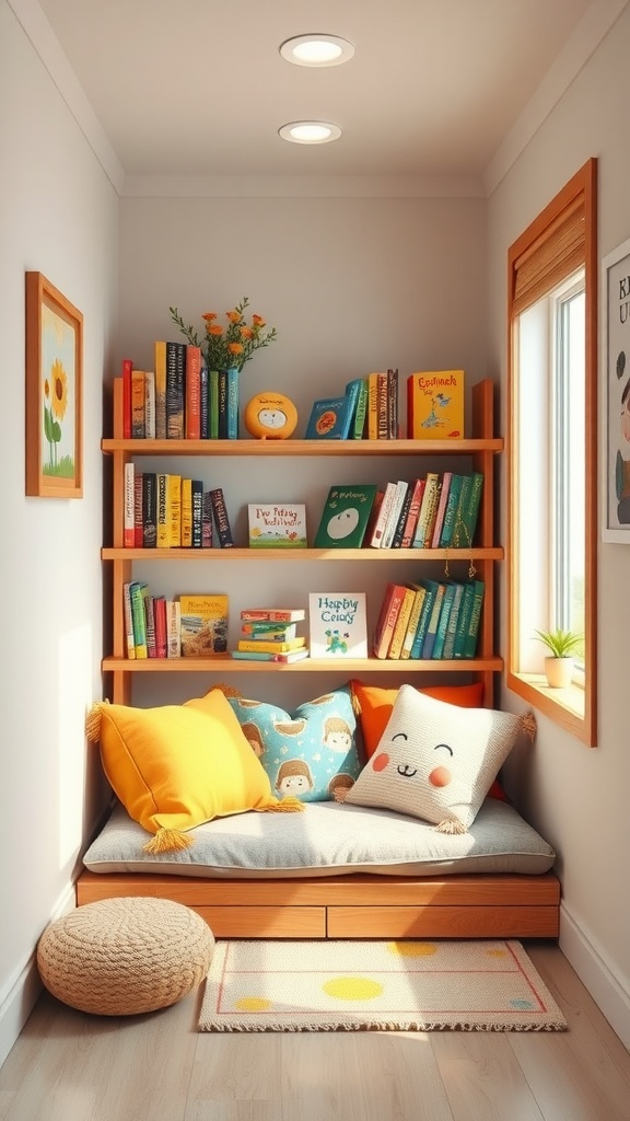 Cozy small reading nook with colorful books and cushions