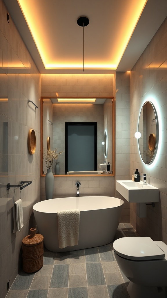 Modern bathroom with smart lighting, featuring recessed lights, illuminated mirrors, and pendant lighting.