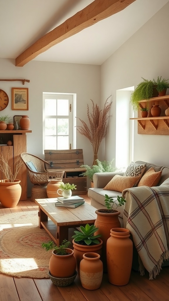 A rustic farmhouse living room featuring terracotta pots, wooden furniture, and cozy decor.