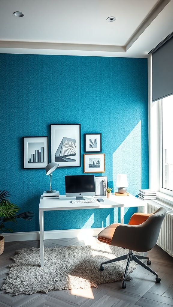 A bright textured blue wall in a modern office with framed pictures, a white desk, and a stylish chair.