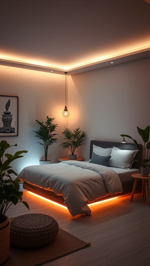 A cozy bedroom featuring LED lighting, plants, and a calming atmosphere.