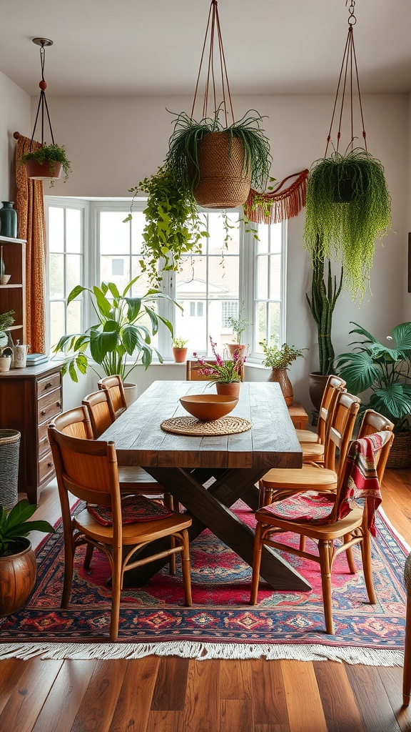 A boho chic dining room featuring a large wooden table, elegant chairs, hanging plants, and a patterned rug.