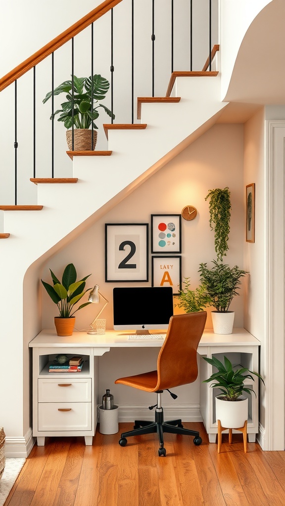 Cozy home office nook beneath stairs with a white desk, ergonomic chair, and plants.