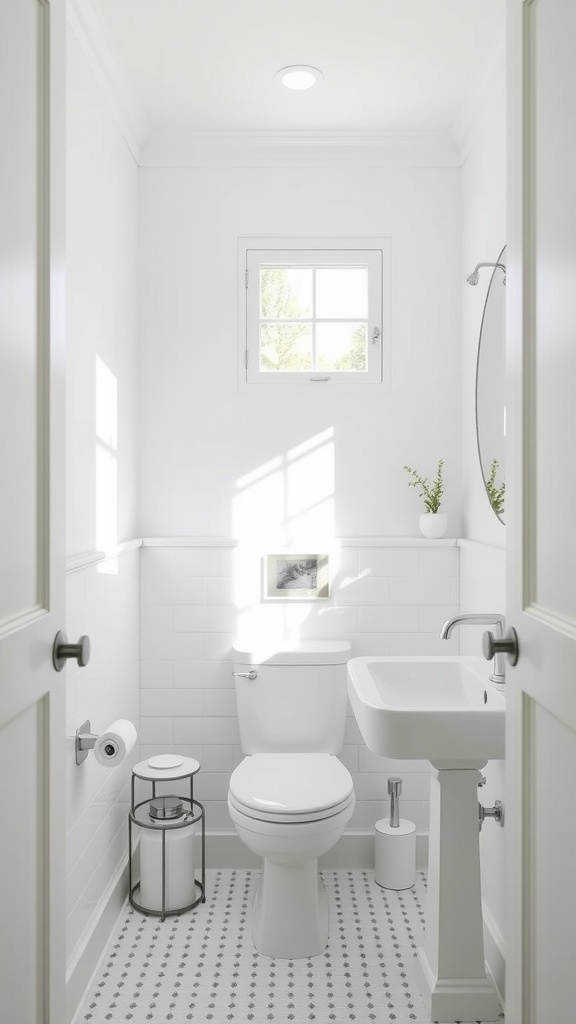 A small bathroom painted in classic white, featuring a toilet and sink with natural light coming through a window.