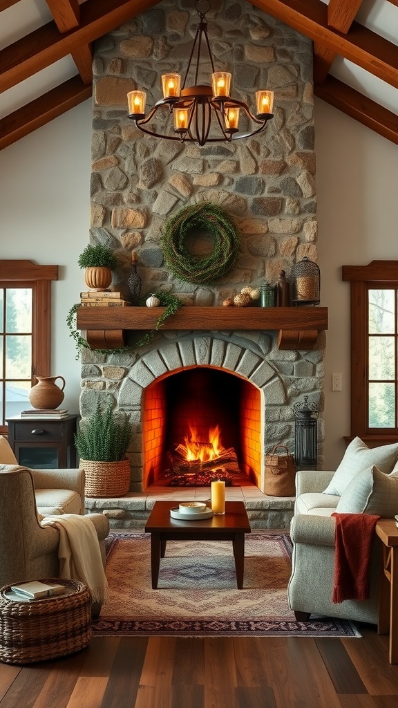 Cozy rustic farmhouse living room with a stone fireplace and soft seating.