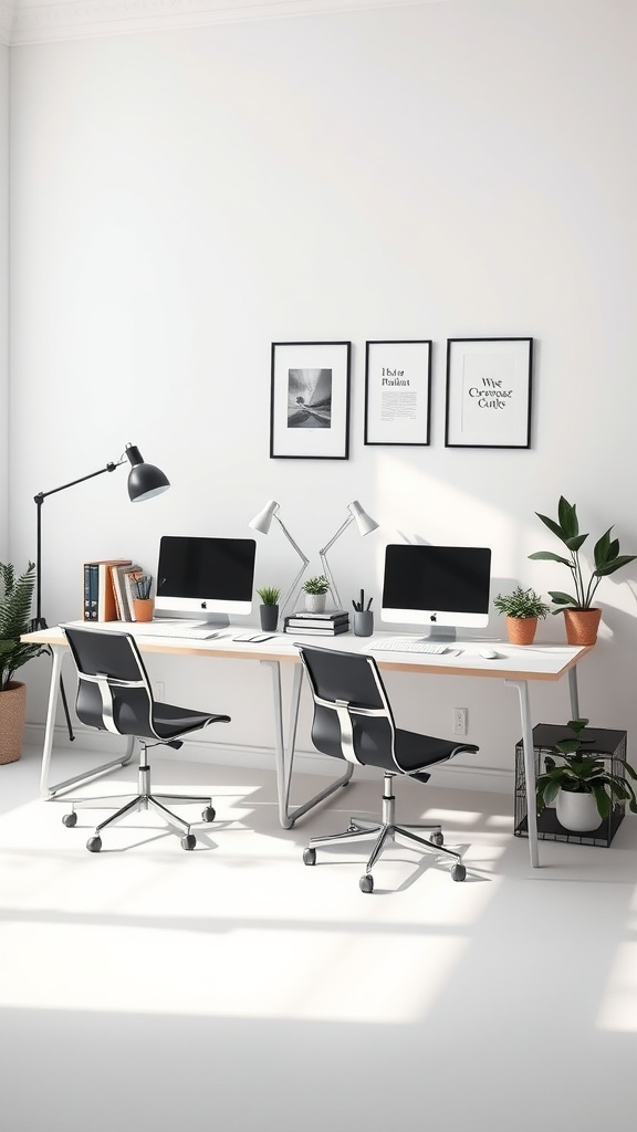Two modern desks with computers and plants, separated by a divider in a bright office space.