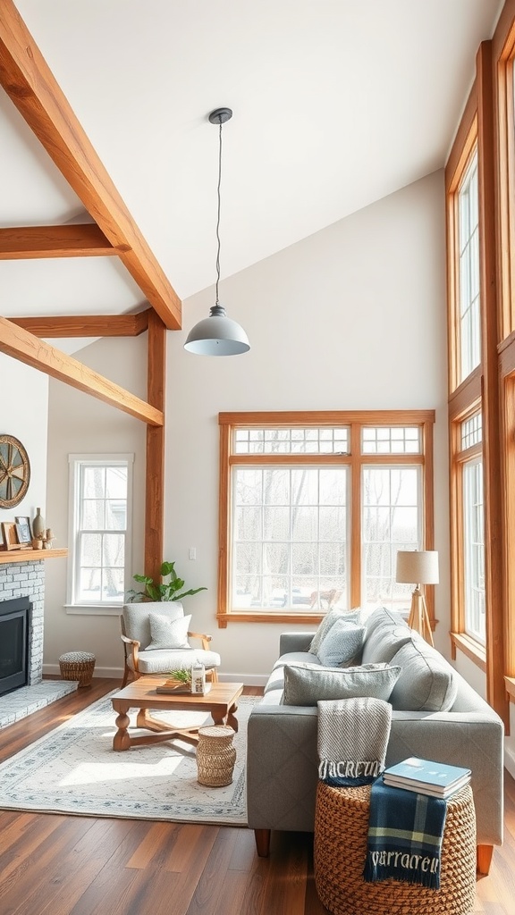 Cozy modern farmhouse living room with exposed wooden beams, light walls, and warm furniture.