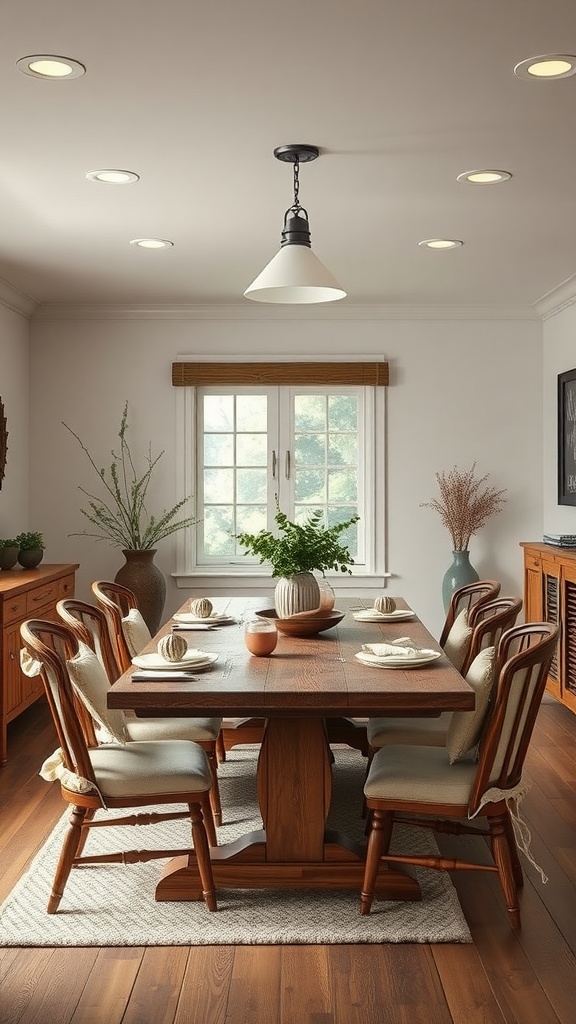 A cozy farmhouse dining room with recessed lighting and a pendant light, featuring a wooden table and rustic chairs.