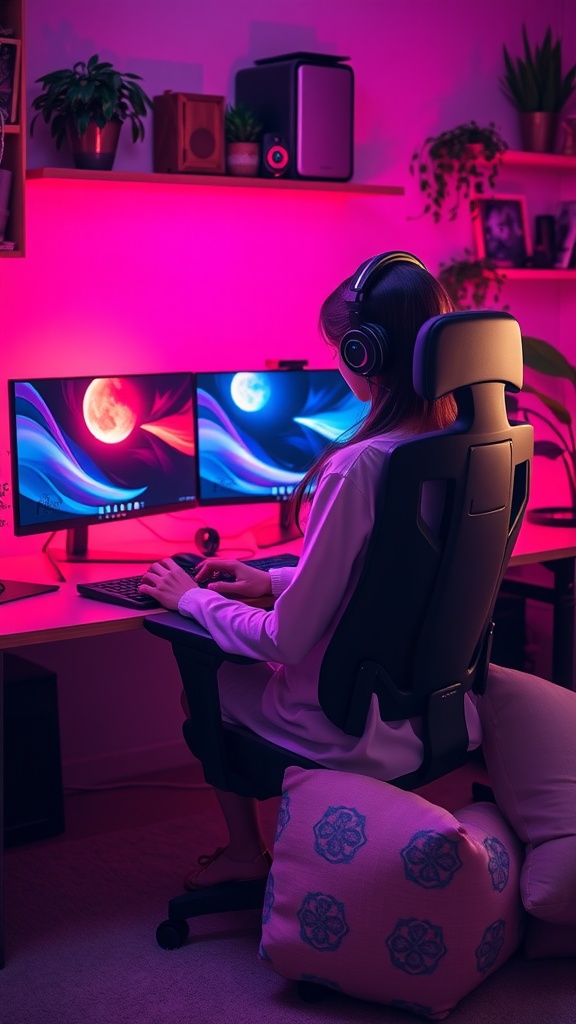 Cozy gaming desk setup with dual monitors, ambient lighting, and a girl gaming.