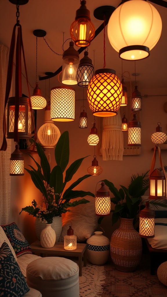 A cozy Boho bedroom with an array of hanging lanterns in various designs and warm colors, complemented by plants.