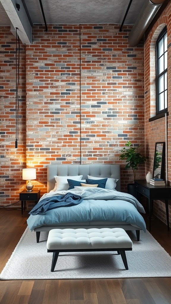 A modern industrial bedroom featuring an exposed brick wall, a cozy bed, and stylish decor.