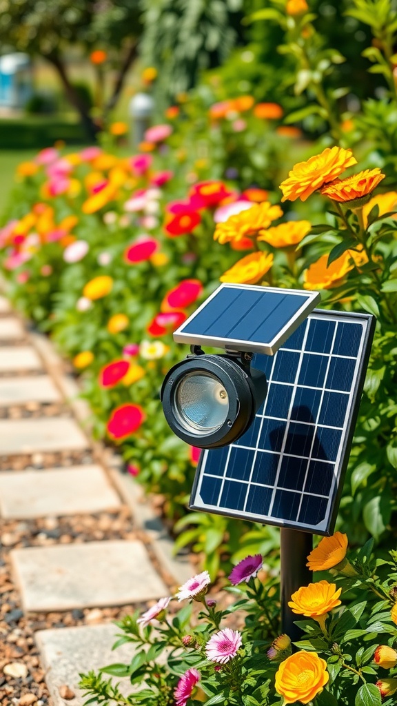 Meihong Solar Spot Light with a separate panel positioned near colorful flowers in a garden.