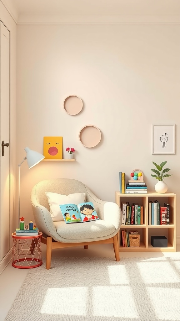 A minimalist reading nook in a child's bedroom featuring a cozy chair, colorful cushions, and a small bookshelf.