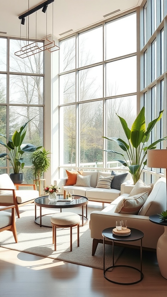 A bright modern lounge with large windows, green plants, and stylish furniture.