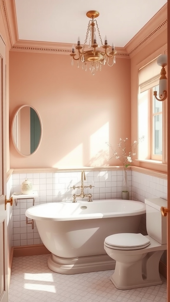 A cozy bathroom featuring pink-brown walls, a vintage chandelier, and a white bathtub.