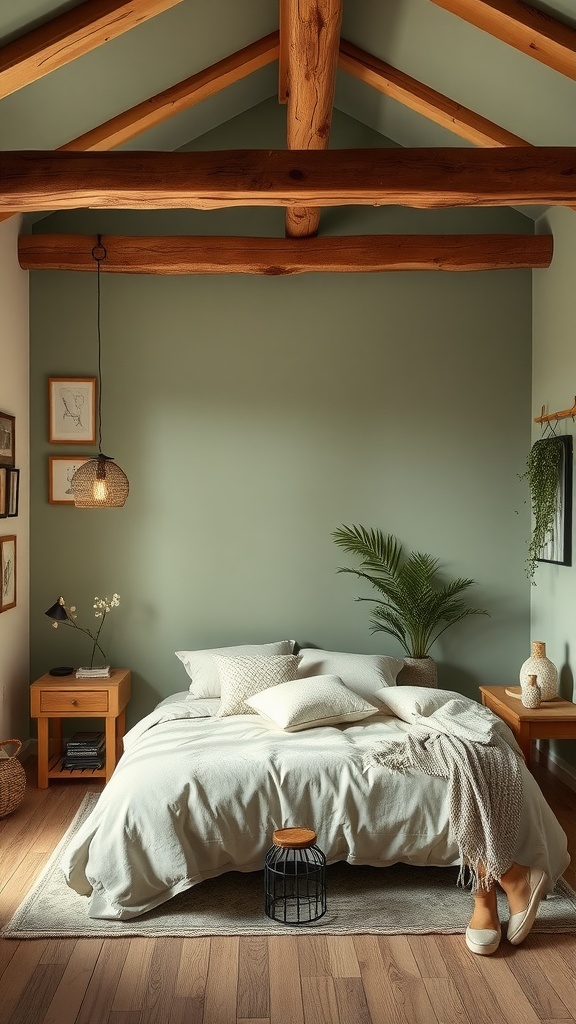 A cozy rustic sage green bedroom with wooden beams and natural decor.