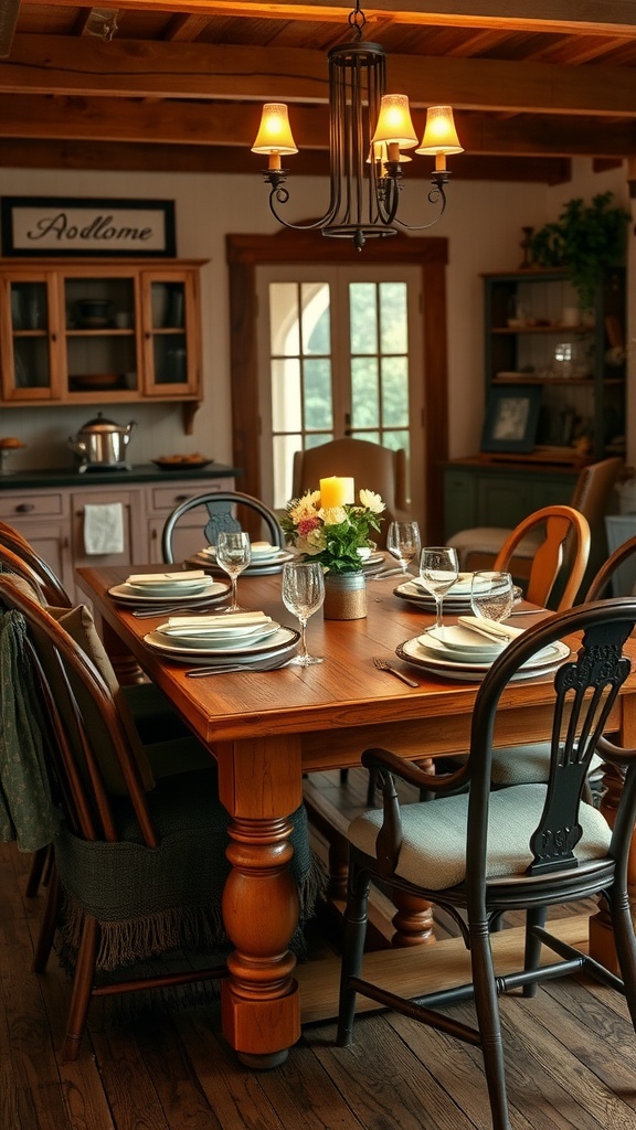 A rustic wooden dining table set for a meal, surrounded by various chairs in a cozy farmhouse dining room.
