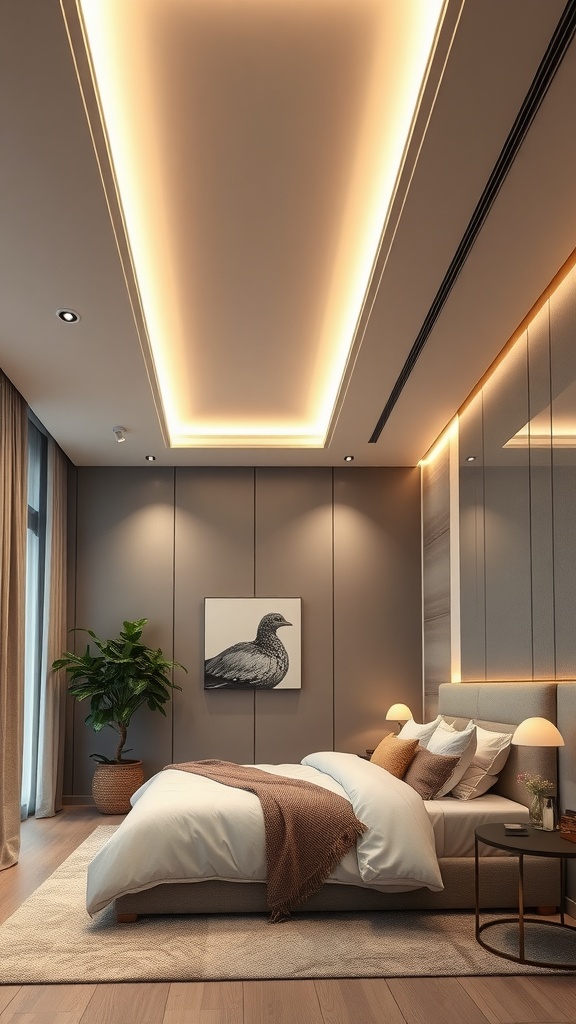 A modern bedroom featuring a seamless LED ceiling design with warm lighting, a cozy bed, and stylish decor.