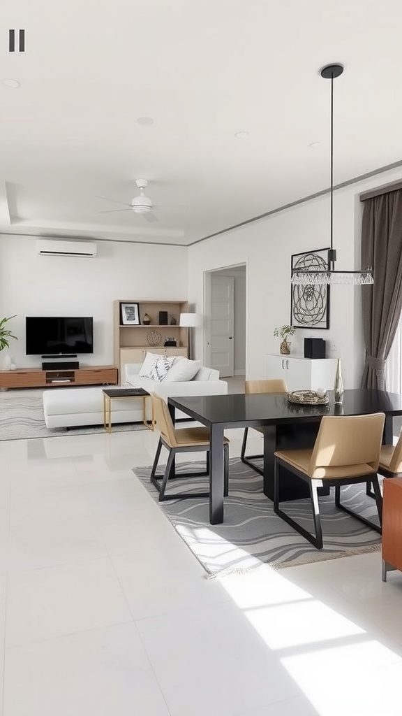 A modern living room-dining room combo with a black dining table, beige chairs, and a light sofa.