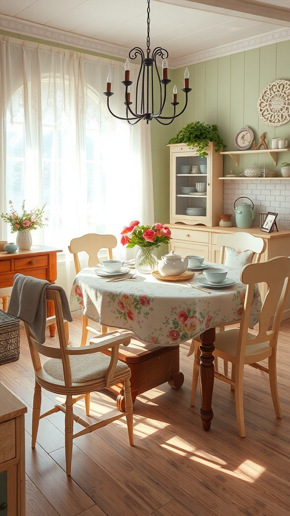 A cozy shabby chic dining room featuring a floral tablecloth, vintage chairs, and a chandelier.