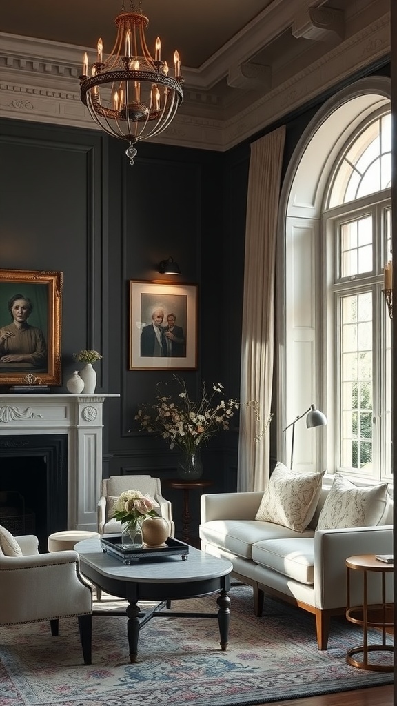 A beautifully decorated room featuring dark walls and light furnishings with Sherwin Williams Alabaster paint.