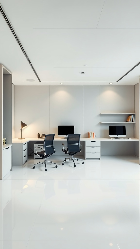 A modern office setup featuring two chairs, a spacious desk, and organized shelves.