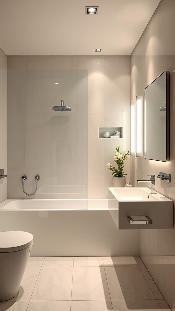Modern bathroom with LED lighting, featuring a shower, tub, and minimalist design.