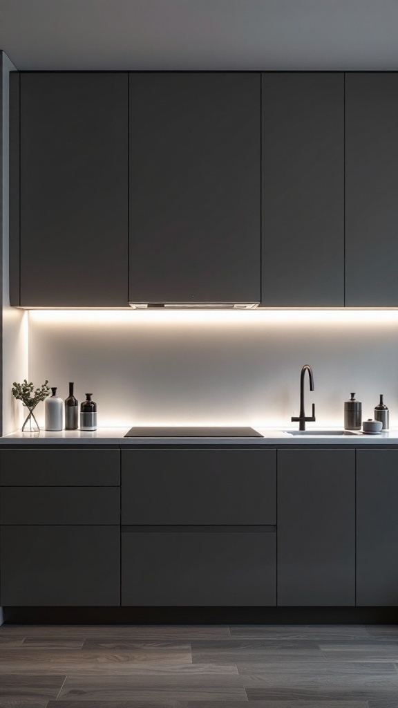 A modern kitchen with sleek under-cabinet lighting illuminating the countertops.
