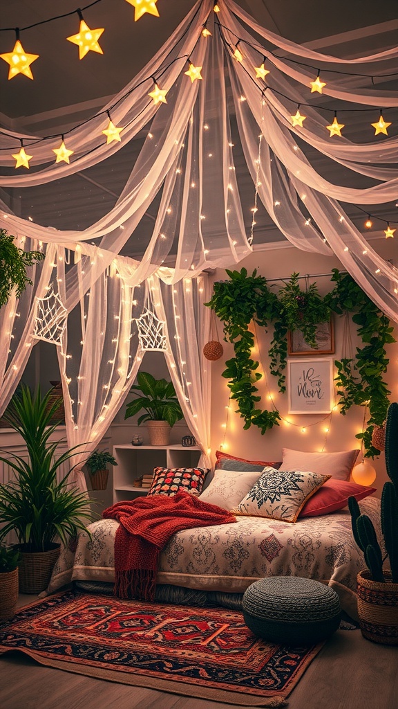 A cozy Boho bedroom with a starlit canopy, fairy lights, and lush greenery