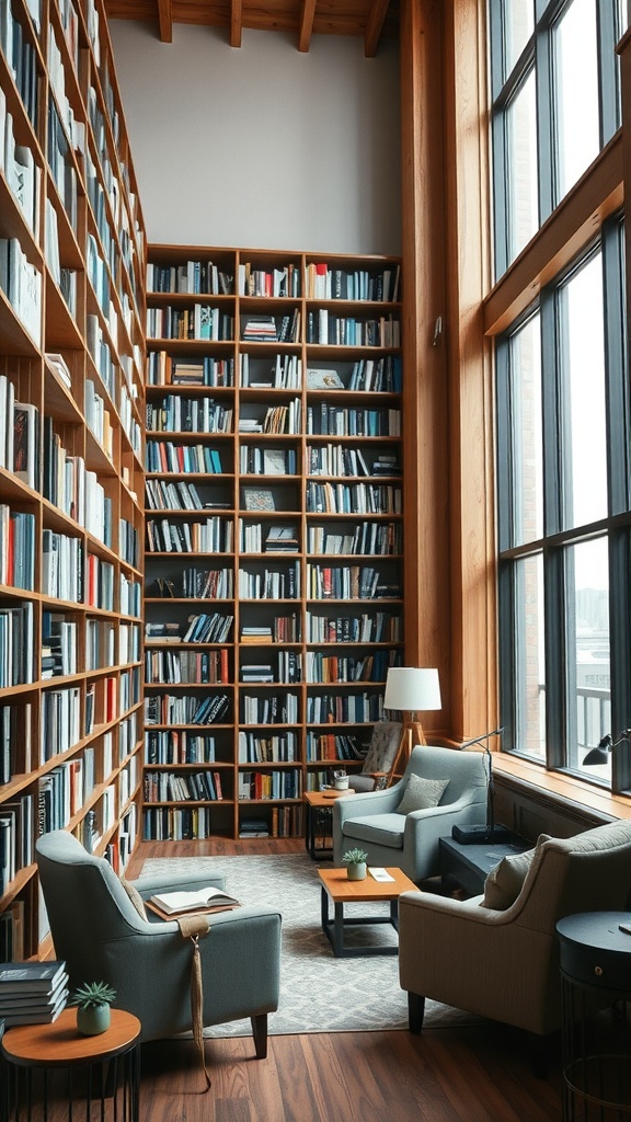 A cozy loft library with tall bookshelves and comfortable seating.