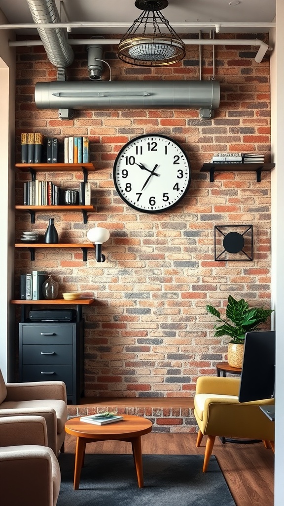 An urban industrial office with an exposed brick wall, shelves, a large clock, and modern furniture.