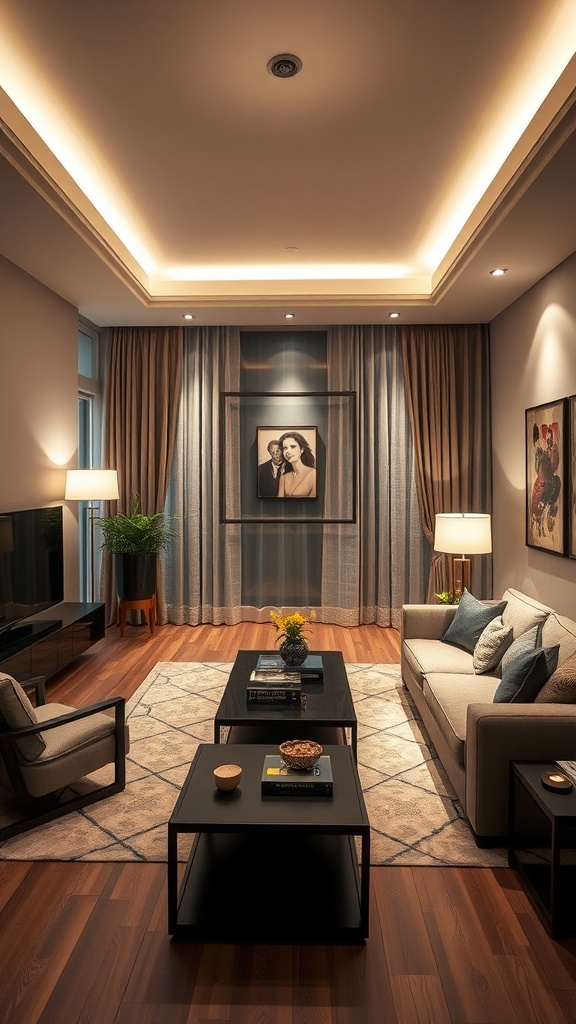 Stylish living room with layered lighting, showcasing ceiling lights, table lamps, and illuminated artwork.