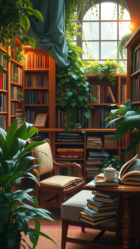 A cozy library room with bookshelves, plants, and comfortable seating.
