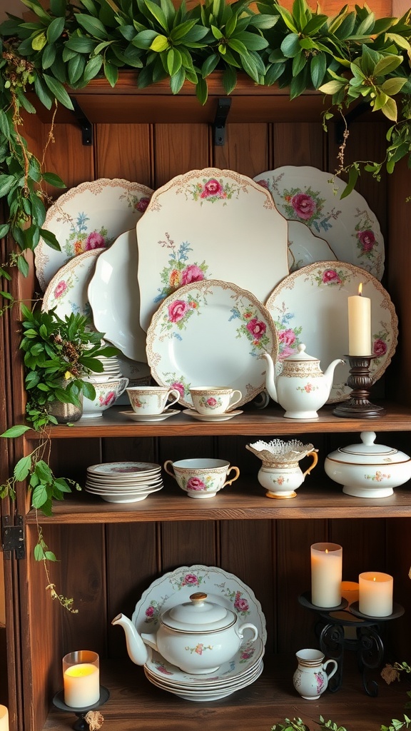 Vintage china display on a wooden shelf with floral patterns and candles