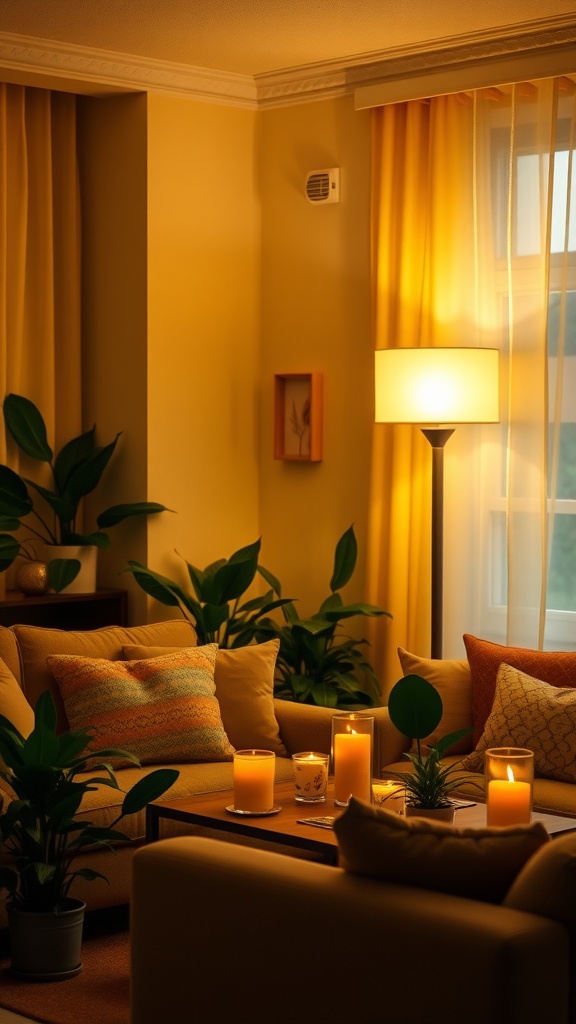 A cozy living room with warm lighting, cushions, candles, and plants.