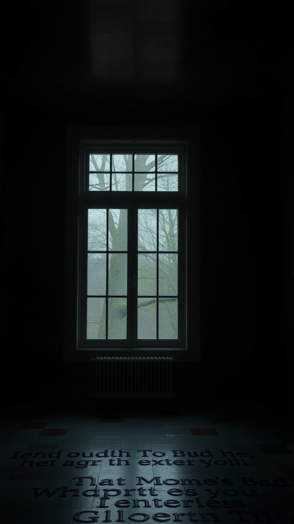 A dimly lit room with a large window showing a gloomy view outside.