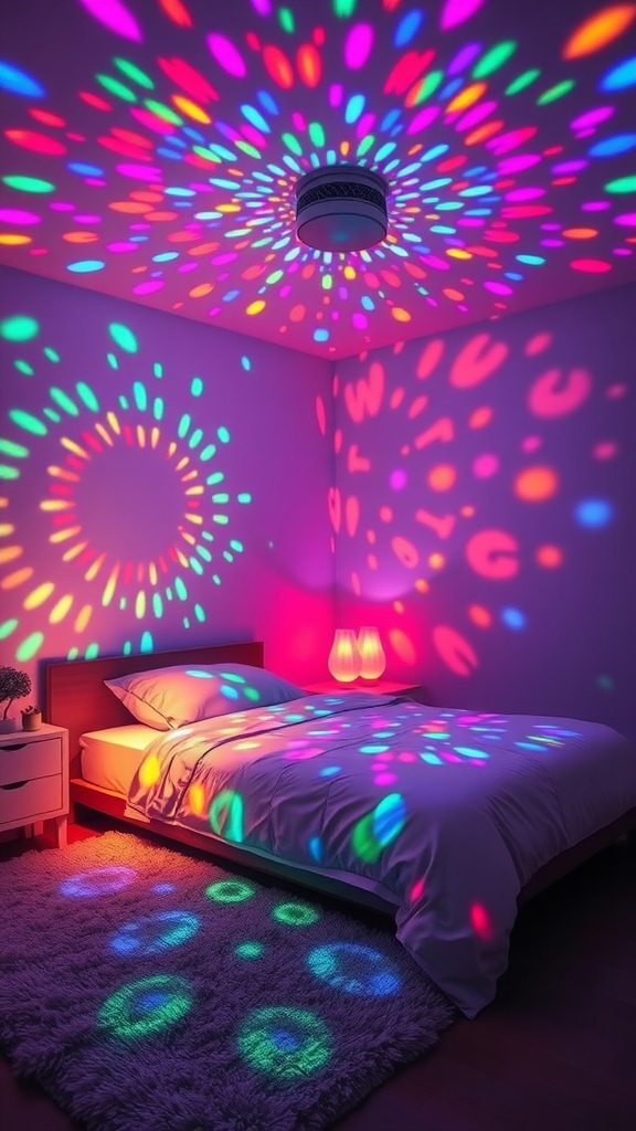 A bedroom with colorful LED light projections on the walls and ceiling, creating a playful and inviting atmosphere.