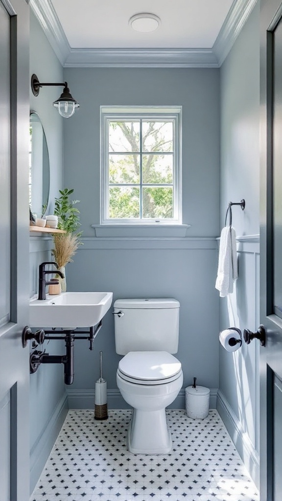 A small bathroom painted in blue-gray with a modern sink and fixtures.