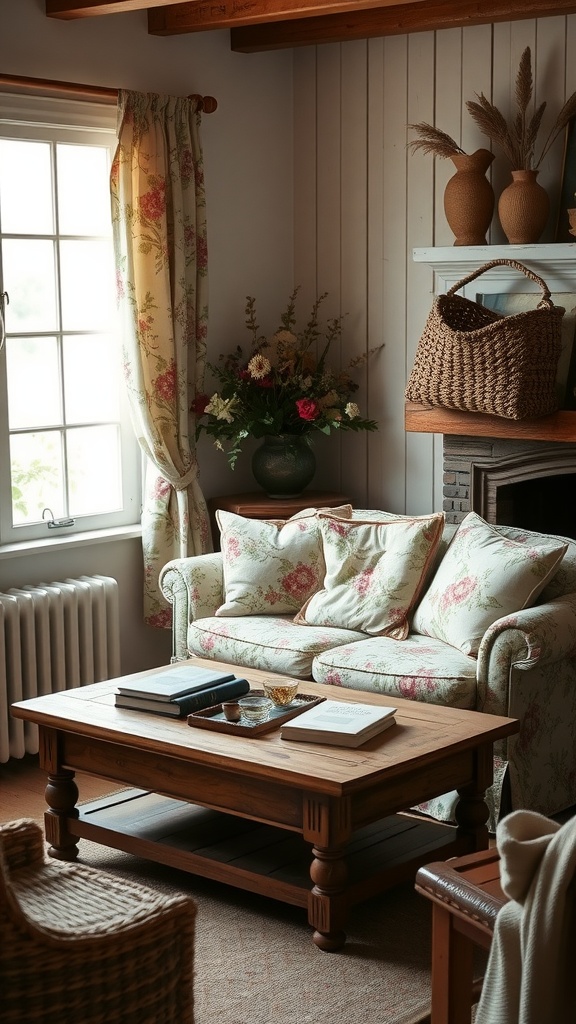 Cozy cottagecore living room with floral sofa, wooden coffee table, and fresh flowers