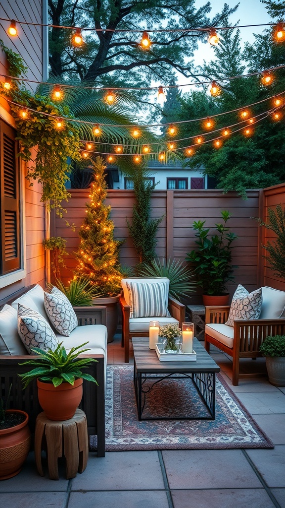 A cozy patio with string lights, comfortable seating, candles, and plants.