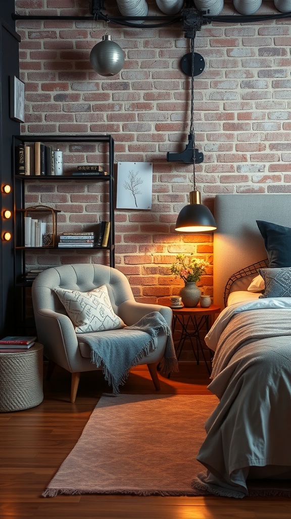 Cozy reading nook in a modern industrial bedroom with a comfortable chair, warm lighting, and exposed brick walls.