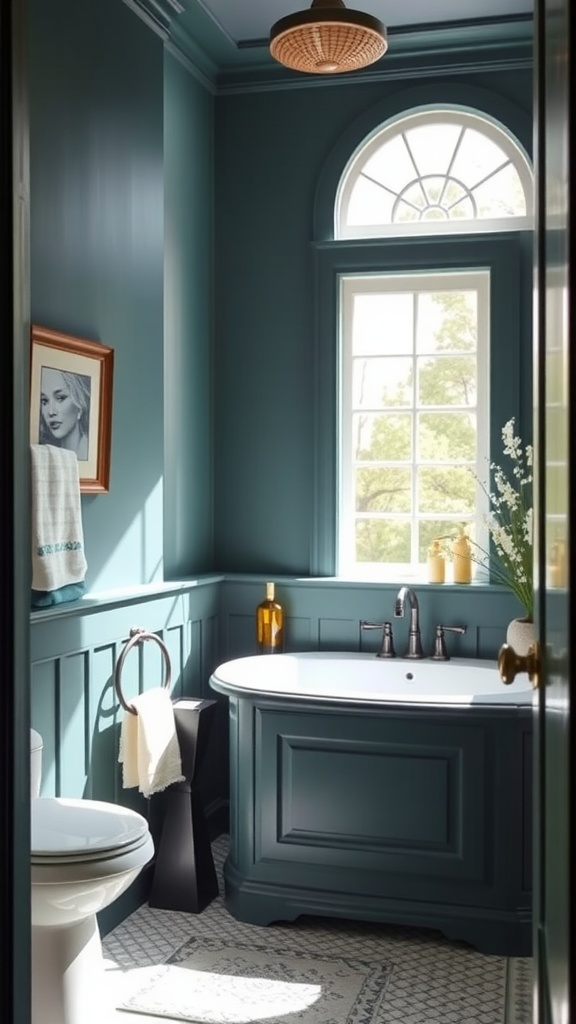 A bathroom with dark blue-green walls, a white freestanding bathtub, and natural light coming through a window, showcasing a stylish and inviting space.