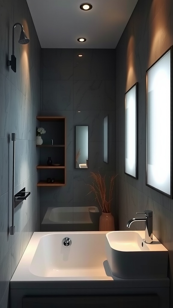 Modern bathroom with recessed lighting and a relaxing ambiance